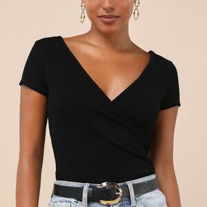 All Day Fave Black Ribbed Surplice Short Sleeve Bodysuit